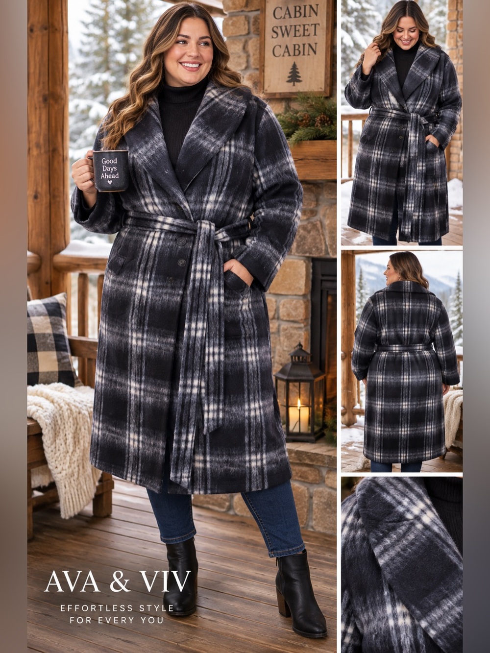 Ava & Viv Blue & White Plaid Long Winter Belted Coat Women’s 3X NWT